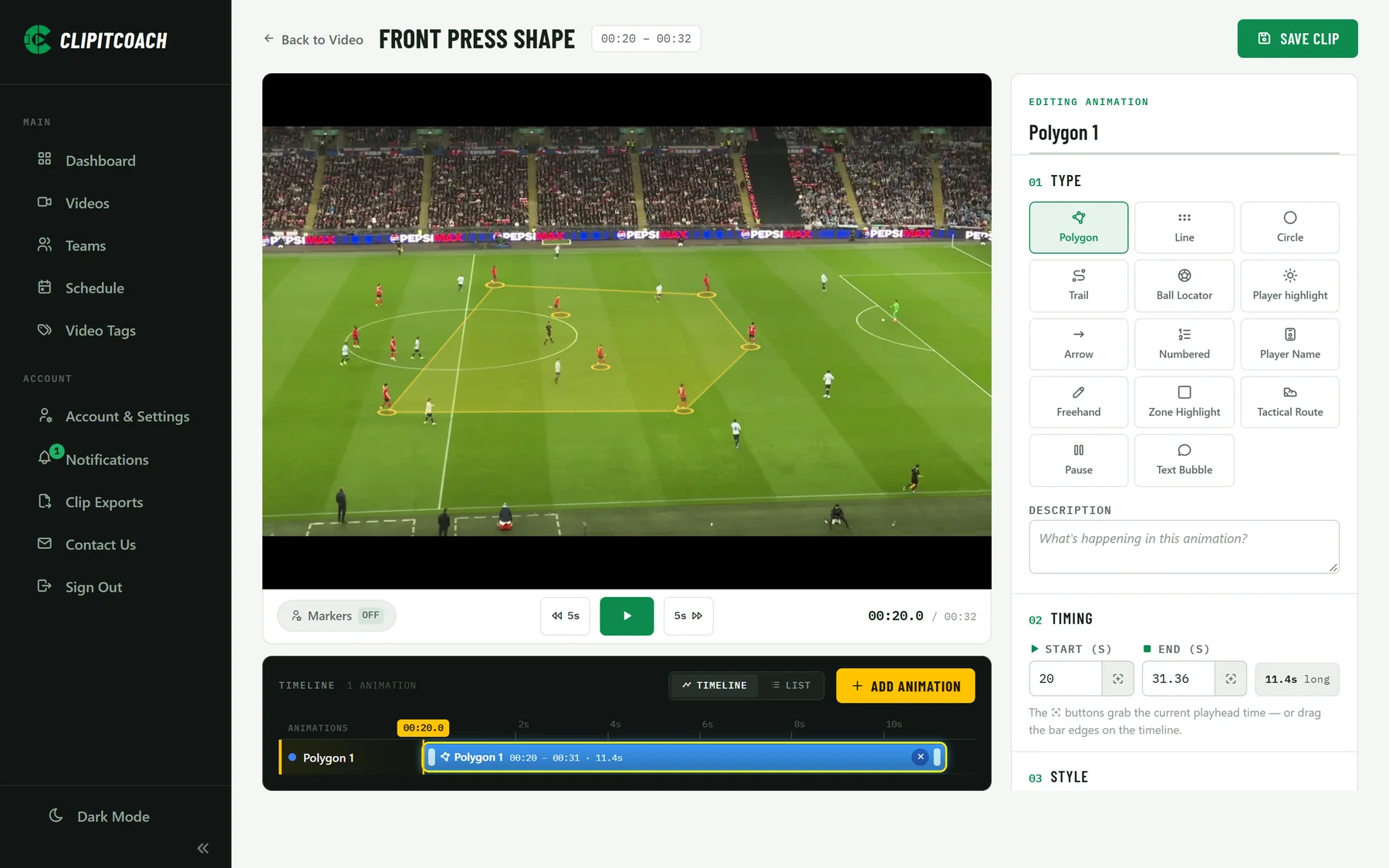 ClipItCoach's clip editor, with a play drawn over game film